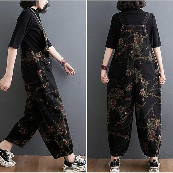 Women's Loose Baggy Overalls Denim Printed Bib Drop Crotch Cotton Wide Leg Y2K - Picture 1 of 8